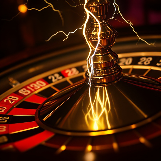 Roulette wheel struck by electric lightning multiplier bolts in a dark gold casino