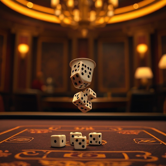 Dice being shaken over a Bac Bo dice game table in a dark gold studio