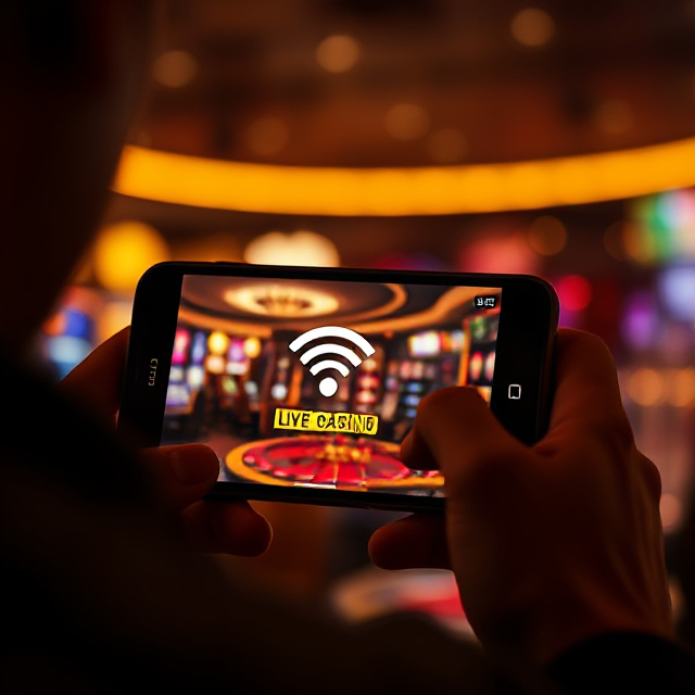Person watching a crisp HD live casino stream on a smartphone with a weak signal icon