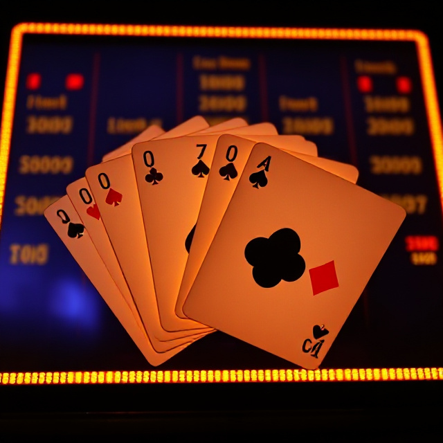 Multi-hand video poker cards fanned out on a glowing dark gold screen