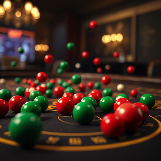 Probability concept of green and red ball distribution over a dark gold table