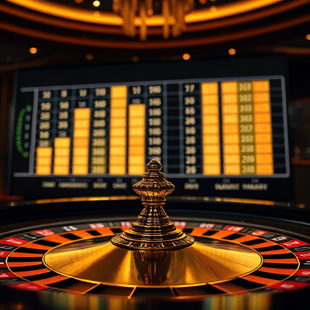 Probability and payout charts over a dark gold casino roulette table