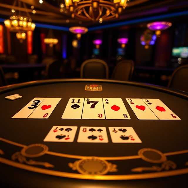 Side Bet City 3, 5 and 7 card hand payouts on a dark gold table