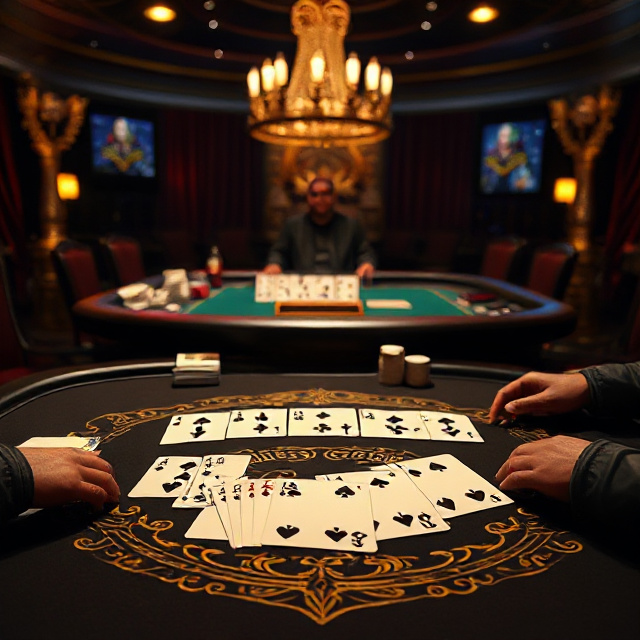 Caribbean Stud dealer qualification concept with cards on a dark gold table