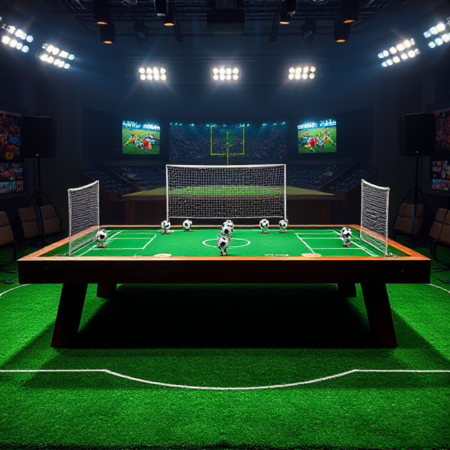 Football themed live card game table with green pitch felt in a dark gold studio