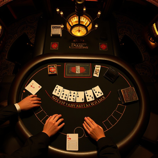 Overhead view of a live blackjack table with dealer and cards in a dark gold casino