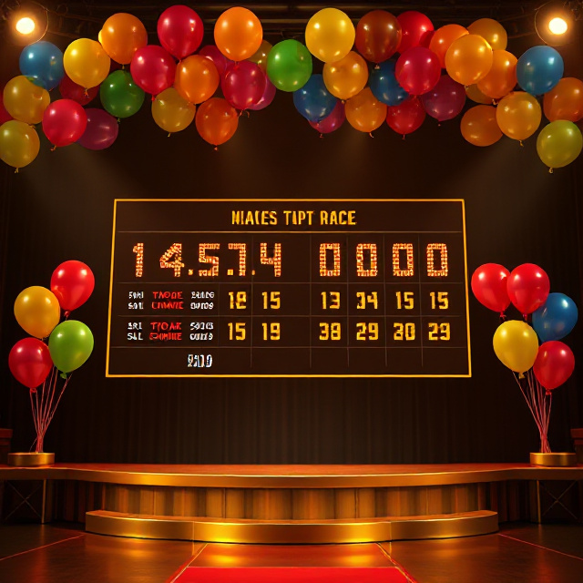 Multiplier race leaderboard with colourful balloons on a dark gold game show stage