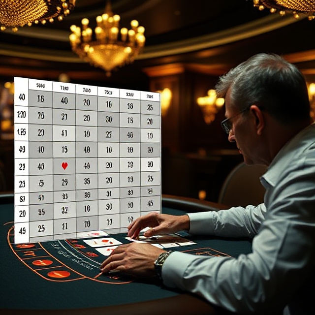 Player making a blackjack decision with a strategy chart overlay