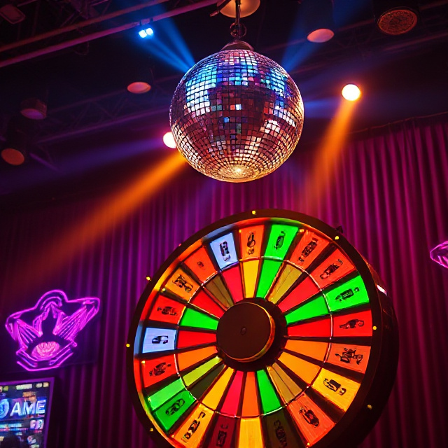 Retro disco ball and colourful lights above a live game show wheel