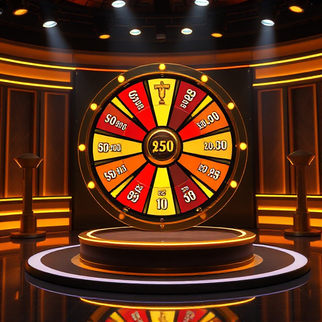 Board game style bonus wheel with cash multipliers on a studio set