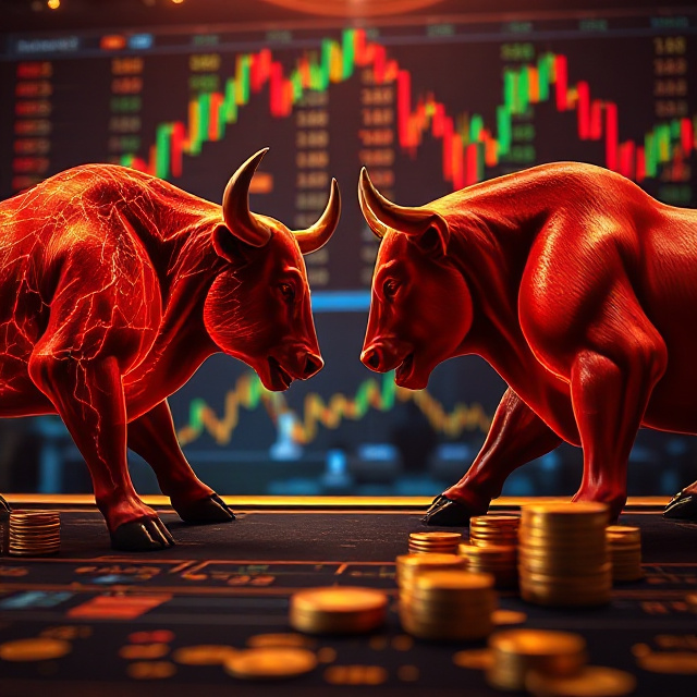 Bull and bear stock market concept with profit multipliers over a dark gold table