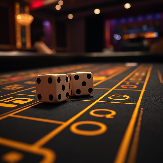 Craps dice over a dark gold craps table in easy mode