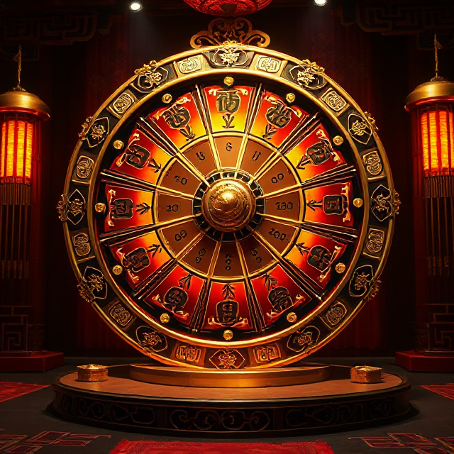 Imperial treasure wheel with multipliers on a dark gold Asian game show