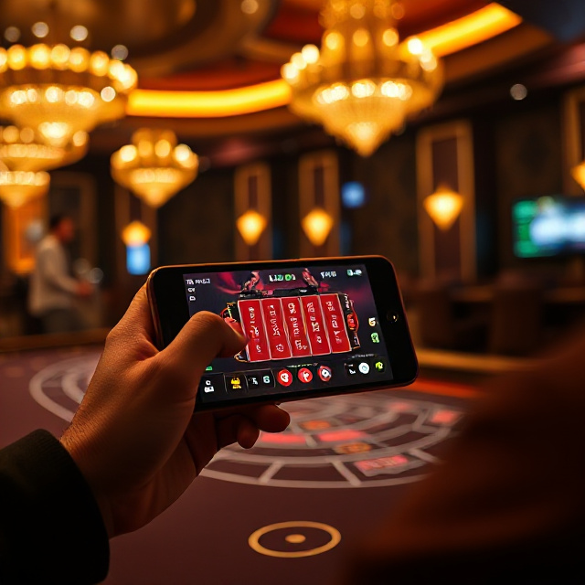 Player using a smartphone to play fast live baccarat in dark gold lighting