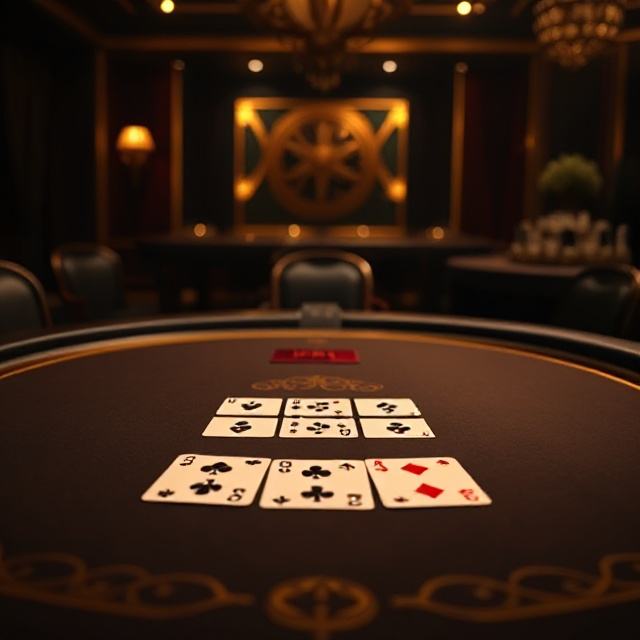 Basic strategy concept for Three Card Poker over a dark gold table