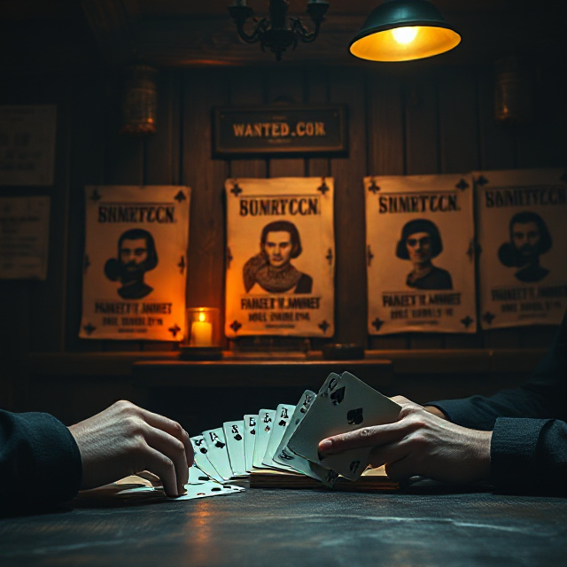 Card counting concept with playing cards and wanted posters in a dark gold saloon