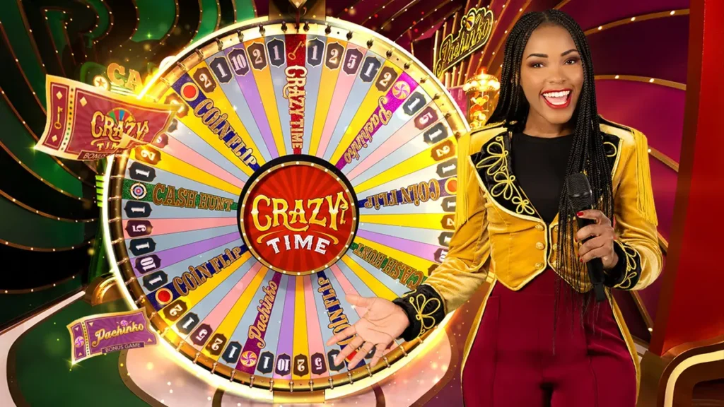 Vibrant Crazy Time studio shot showing the colorful prize wheel and host, used to promote exclusive member benefits from Evolution Gaming. This asset highlights premium features such as VIP tables, personalized promotions, priority support, and loyalty rewards that set Evolution Gaming apart in live casino entertainment.