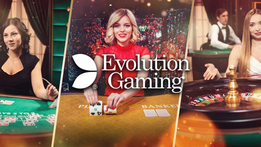Evolution Gaming logo centered on a split-screen image of professional live casino tables — baccarat layout, blackjack cards, and a roulette wheel — showcasing high-definition studio production, multilingual dealers, and immersive interactive gameplay