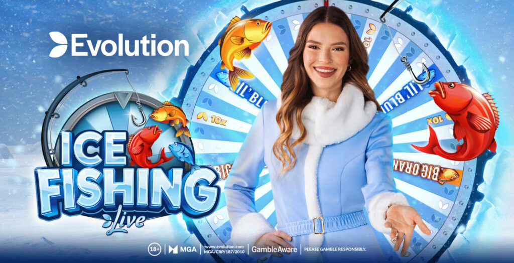 Evolution Ice Fishing Live banner: winter-themed studio with spinning prize wheel, fish icons and a host in a blue winter coat promoting Evolution.