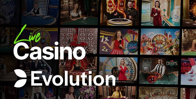Evolution Gaming logo over a tiled collage of high-production live dealer game thumbnails featuring game shows like Dream Catcher and Crazy Time, roulette wheels, baccarat and blackjack tables, and wheel mechanics — highlighting a diverse game portfolio, HD studio production, and advanced streaming technology