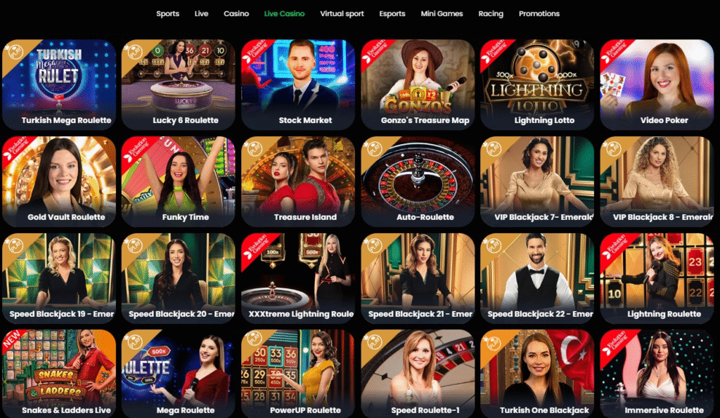 A tiled gallery of Evolution Gaming live casino thumbnails presenting a broad portfolio of live titles — Turkish Mega Roulette, Lucky 6 Roulette, Crazy Time, Lightning Roulette, VIP Blackjack tables, Mega Roulette, PowerUP Roulette, Snakes & Ladders Live and more. The image highlights a variety of game types (roulette, blackjack, game shows, poker, and novelty tables) and promotional banners for premium and new releases, illustrating Evolution Gaming’s diverse product offering for players and operators.