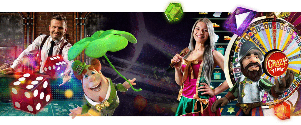 A lively scene of Evolution Gaming's online casino world featuring animated characters, a smiling player dealing a card, rolling dice, and playing slot games with vibrant, high-quality visuals that showcase the immersive gaming experience offered by Evolution Gaming.