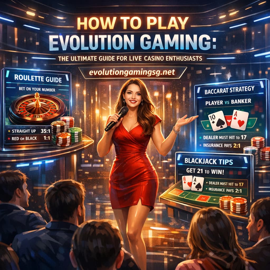 This image is a modern, interactive guide to playing Evolution Gaming's live casino games, featuring a confident girl presenter who explains the gameplay of roulette, blackjack, and baccarat. English text elements are visible, including the brand "evolutiongamingsg.net", all presented in an engaging and professional style.