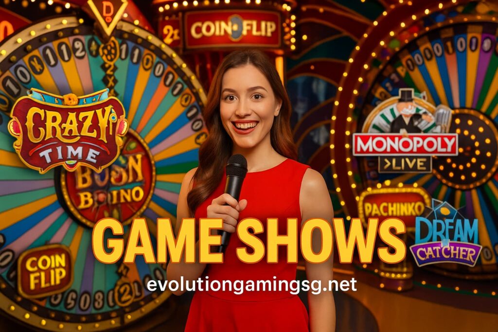 A girl hosting a vibrant game show scene featuring popular online casino game shows like Crazy Time, Monopoly Live, and Dream Catcher. The background is colorful and lively with bright lights, game elements, and multipliers displayed prominently. The scene includes animated bonus rounds and exciting game visuals, with the text "evolutiongamingsg.net" clearly visible. The girl appears enthusiastic and engaging, adding charm to the entertainment atmosphere. The image contains clear English text highlighting "Game Shows."