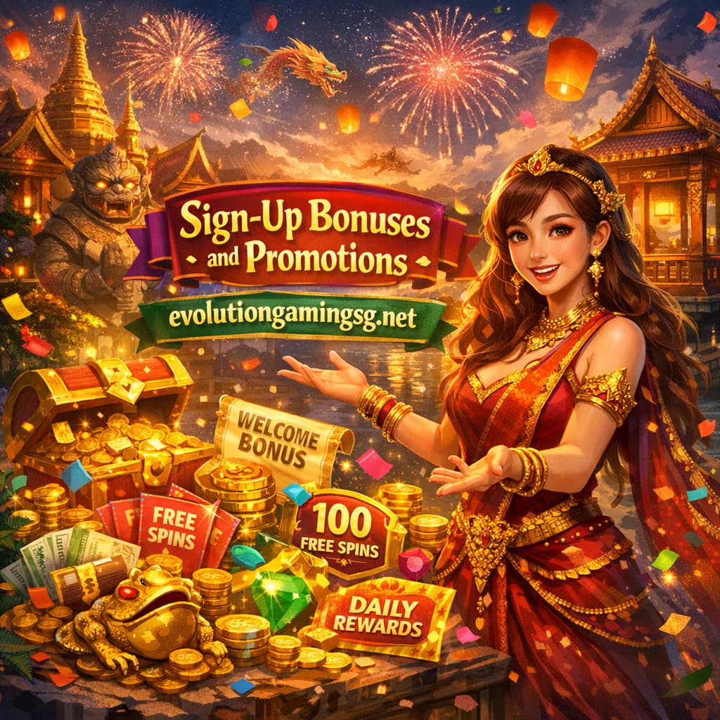 A girl presenting a vibrant scene showing sign-up bonuses and promotions, with colorful banners and reward icons, and the text "Sign-Up Bonuses and Promotions" in English. The background features a dynamic gaming environment with Southeast Asian cultural elements, and "evolutiongamingsg.net" displayed prominently. The scene conveys excitement and generosity, inviting players to join.