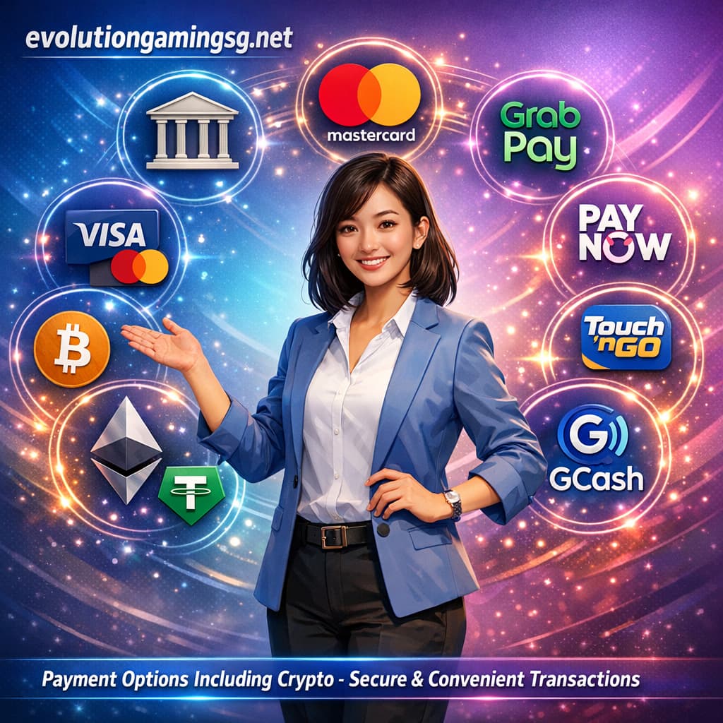 A girl presenting various traditional and cryptocurrency payment methods on a digital screen with "evolutiongamingsg.net" displayed, highlighting secure online casino transactions.