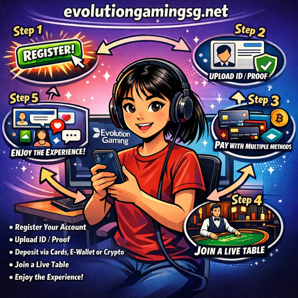 A young Asian girl stands in front of a computer and holds a smartphone, guiding a virtual tutorial on how to start with Evolution Gaming. Around her, the following steps are prominently displayed: Step 1 (Register), Step 2 (Upload ID/Proof), Step 3 (Pay with multiple methods), Step 4 (Join a Live Table), and Step 5 (Enjoy the Experience). Below these steps, relevant icons and actions like registration button, upload symbols, payment icons, live table animation, and interaction icons are shown.The background is a sleek gradient transitioning from purple to blue, and "evolutiongamingsg.net" is prominently displayed at the top in bold white letters with clear instructions at the bottom.The visual design of the step-by-step process and icons ensures it is highly engaging, professional, and instructional, aiming to provide users with a seamless guide to start playing with Evolution Gaming. High quality, 4K resolution.