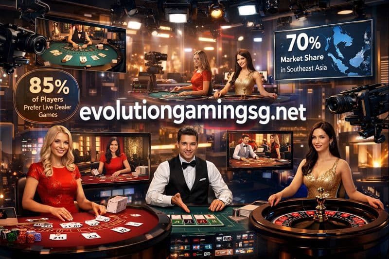This image illustrates Evolution Gaming’s advanced live casino experience with high-definition video streams and professional dealers in a modern studio. It highlights the authenticity and immersive nature of live dealer games, incorporating subtle infographics that reference player preferences and market share, along with clear English text featuring "evolutiongamingsg.net".