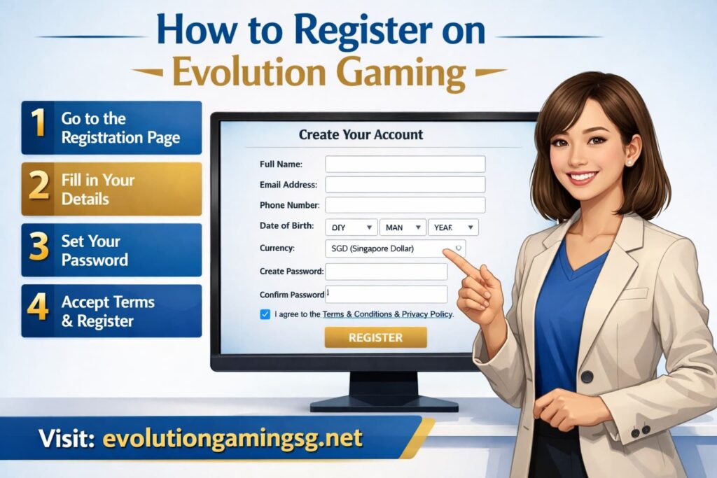 A helpful visual guide showing the Evolution Gaming registration process with a female presenter demonstrating the step-by-step procedure on a computer screen, with evolutiongamingsg.net displayed at the bottom.
