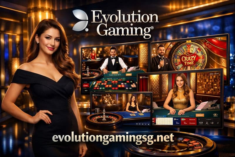 An elegant representation of Evolution Gaming's premium online casino experience featuring a female presenter standing beside multiple screens showing live casino games, creating an atmosphere of luxury and excitement, with evolutiongamingsg.net displayed at the bottom.