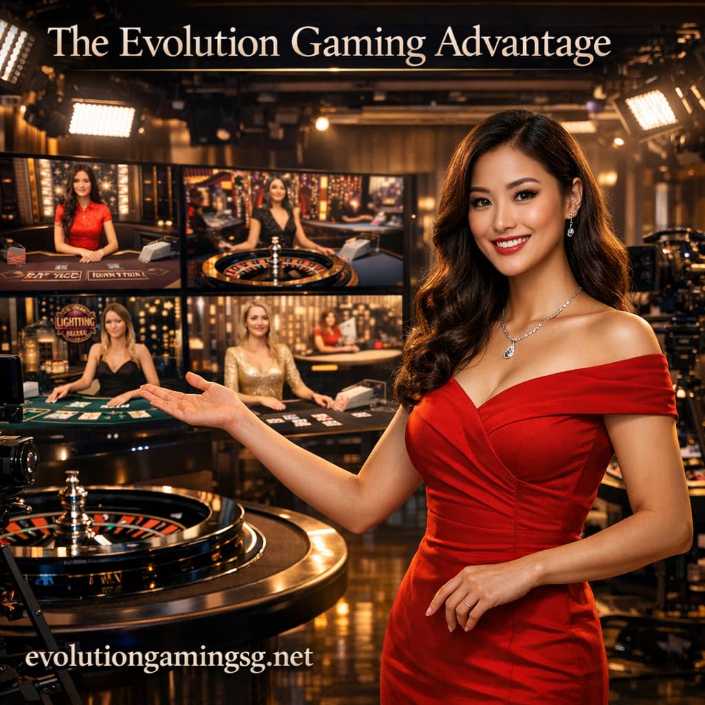 A professional Asian female presenter in a high-tech Evolution Gaming studio showcasing their advanced live casino platform with multiple HD screens displaying real dealers in action. The image highlights Evolution Gaming's state-of-the-art streaming technology and authentic casino experience, with the website evolutiongamingsg.net prominently displayed.