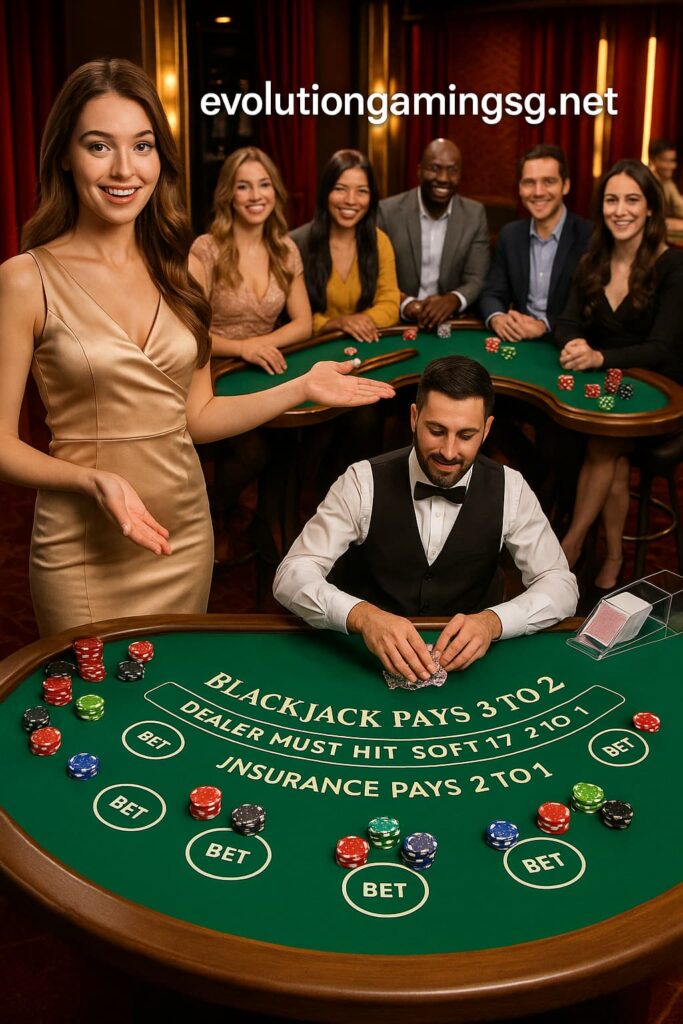 A girl as a presenter standing beside a lively casino blackjack table with seven players around it. The scene shows a professional dealer shuffling cards, with chips and betting spots visible. The setting is vibrant and dynamic, emphasizing an exciting casino atmosphere. Include the text "evolutiongamingsg.net" displayed clearly in the image. The scene should be in English, with any visible text in the image also in English.