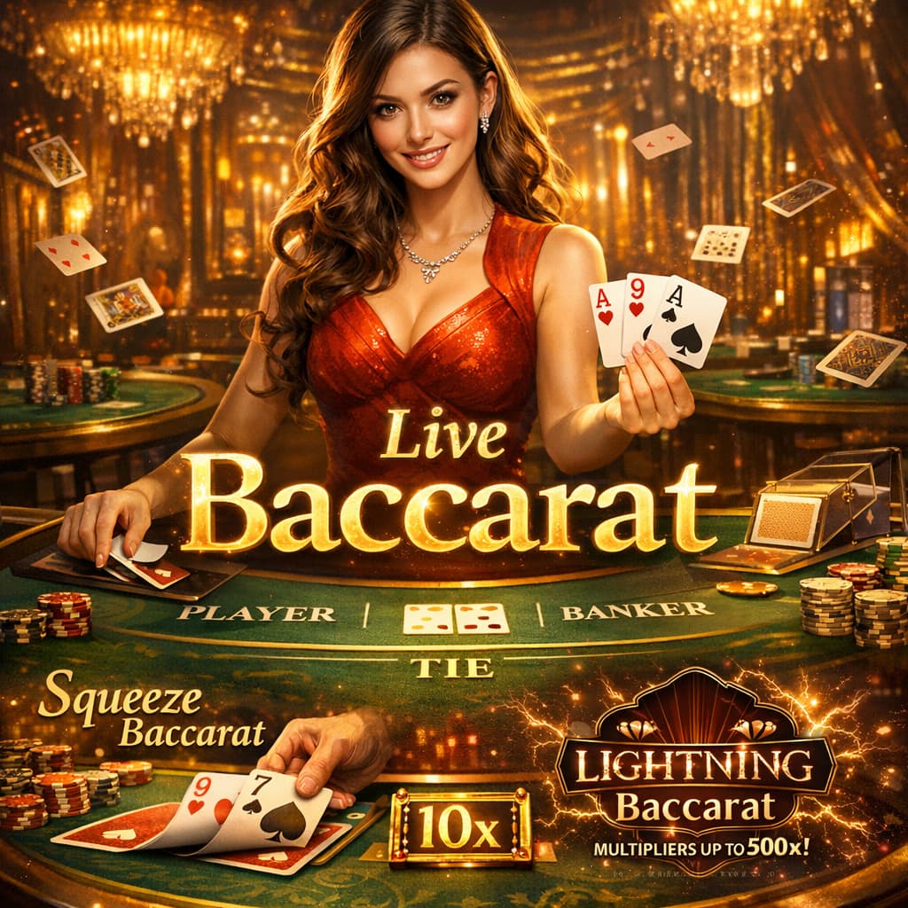 A girl presenting a live Baccarat game scene with a luxurious casino background, cards and chips on the table, showcasing traditional and specialty Baccarat variants including Squeeze and Lightning Baccarat with multipliers up to 500x. The text "evolutiongamingsg.net" is visible in the image.