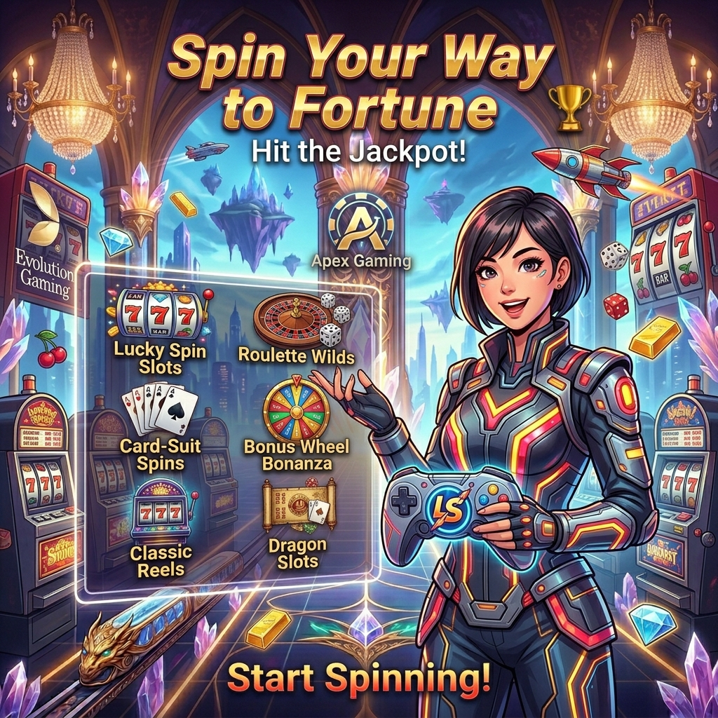 A captivating 1:1 image showcasing Lucky Spin’s online casino slots collection in a dazzling retro-futuristic casino setting with anime influences. The image features an Asian female presenter manipulating spinning slot reels, highlighting features like free spins, multipliers, and progressive jackpots. The scene is filled with vibrant colors, flashing lights, and a sense of excitement, encouraging viewers to start spinning and hit the jackpot. The image includes the brand logo subtly integrated into the scene.

