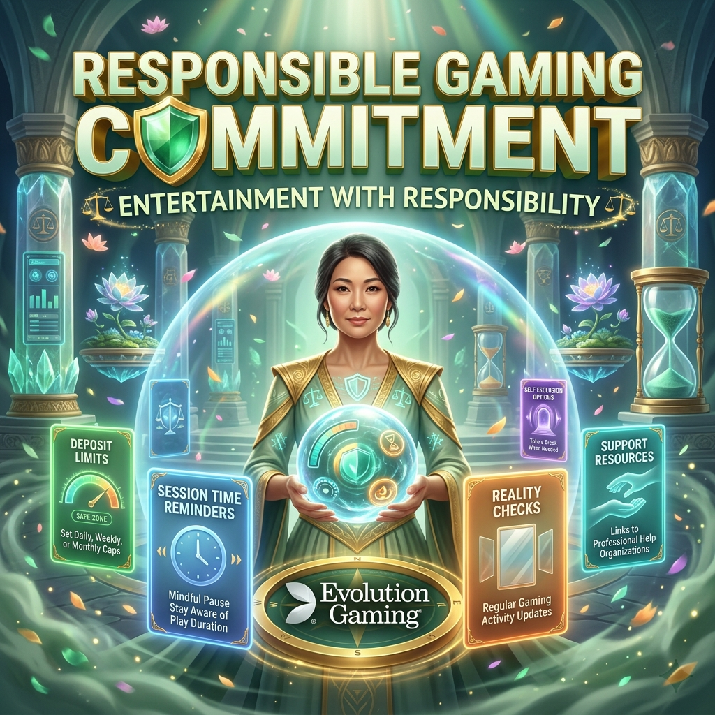 an Asian female wellness guardian in a fantasy casino sanctuary, showcasing Evolution Gaming's responsible gaming commitment with deposit limits, session reminders, self-exclusion, reality checks, and professional support resources for balanced and controlled player entertainment.