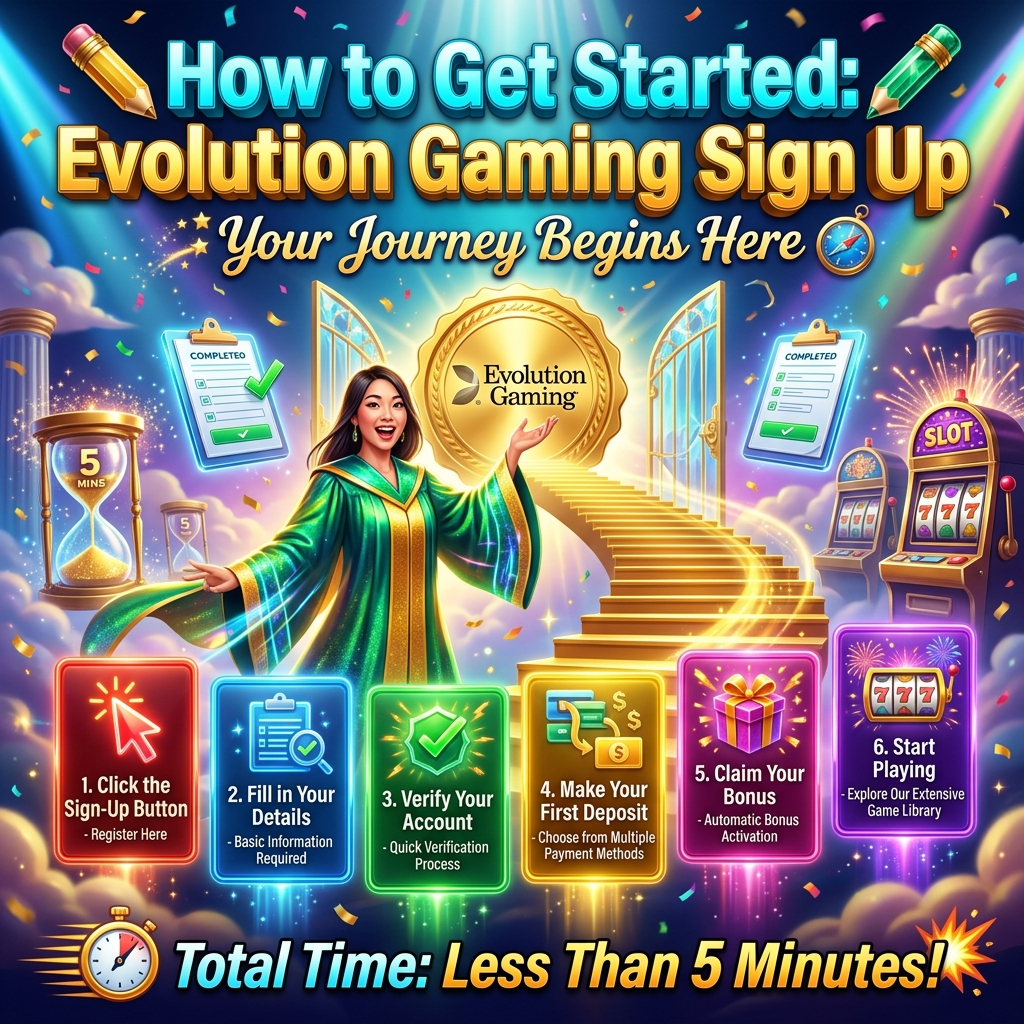 A vibrant 1:1 promotional image featuring an Asian female guide in a fantasy casino onboarding portal, showcasing Evolution Gaming's quick 6-step sign-up process including registration, verification, deposit, bonus claim, and instant play access in under 5 minutes for new players.
