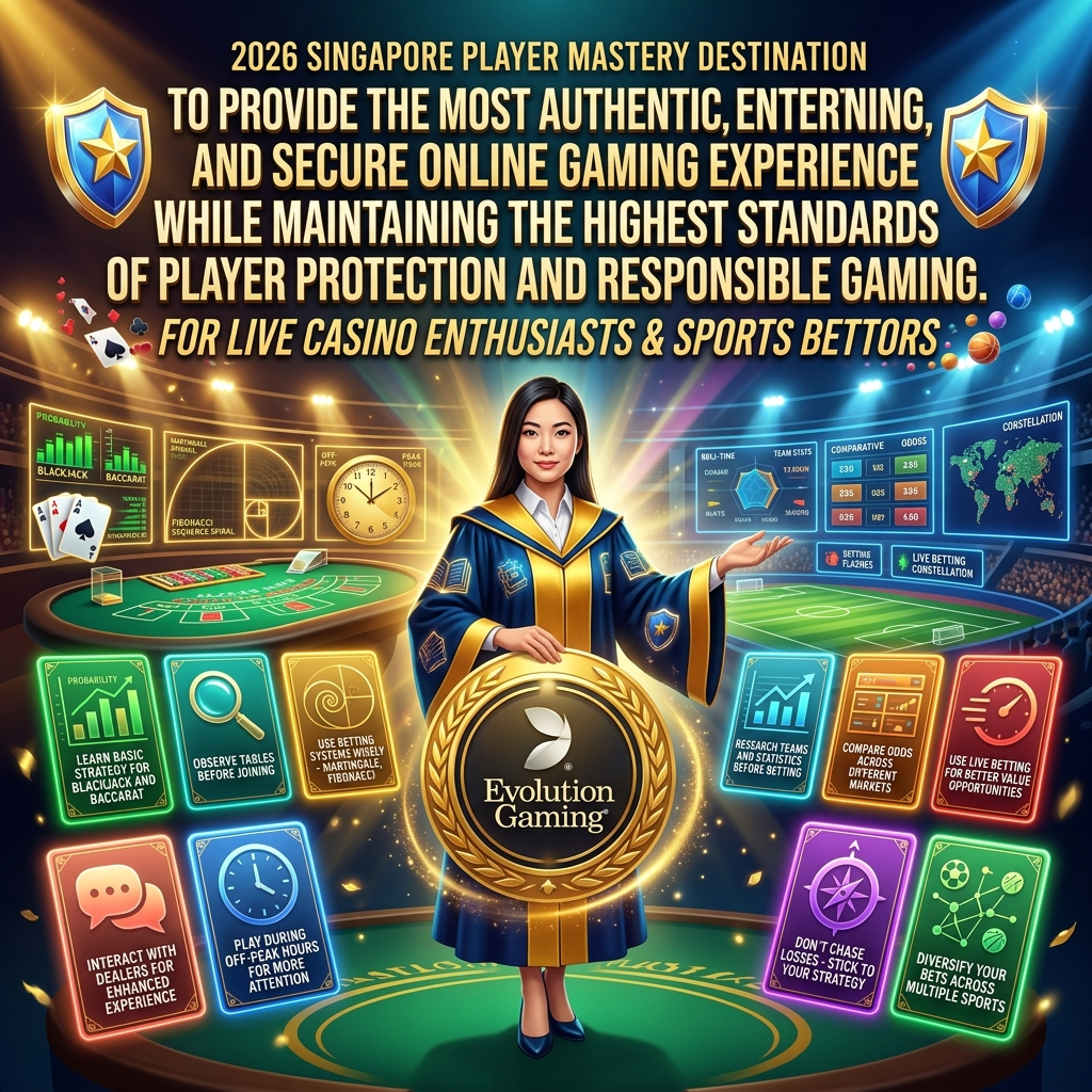 an Asian female gaming scholar in a fantasy casino knowledge academy, showcasing Evolution Gaming Singapore's mission for authentic secure gaming with expert strategy tips for live casino blackjack, baccarat, Martingale systems, and sports betting research, odds comparison, and live betting value opportunities.
