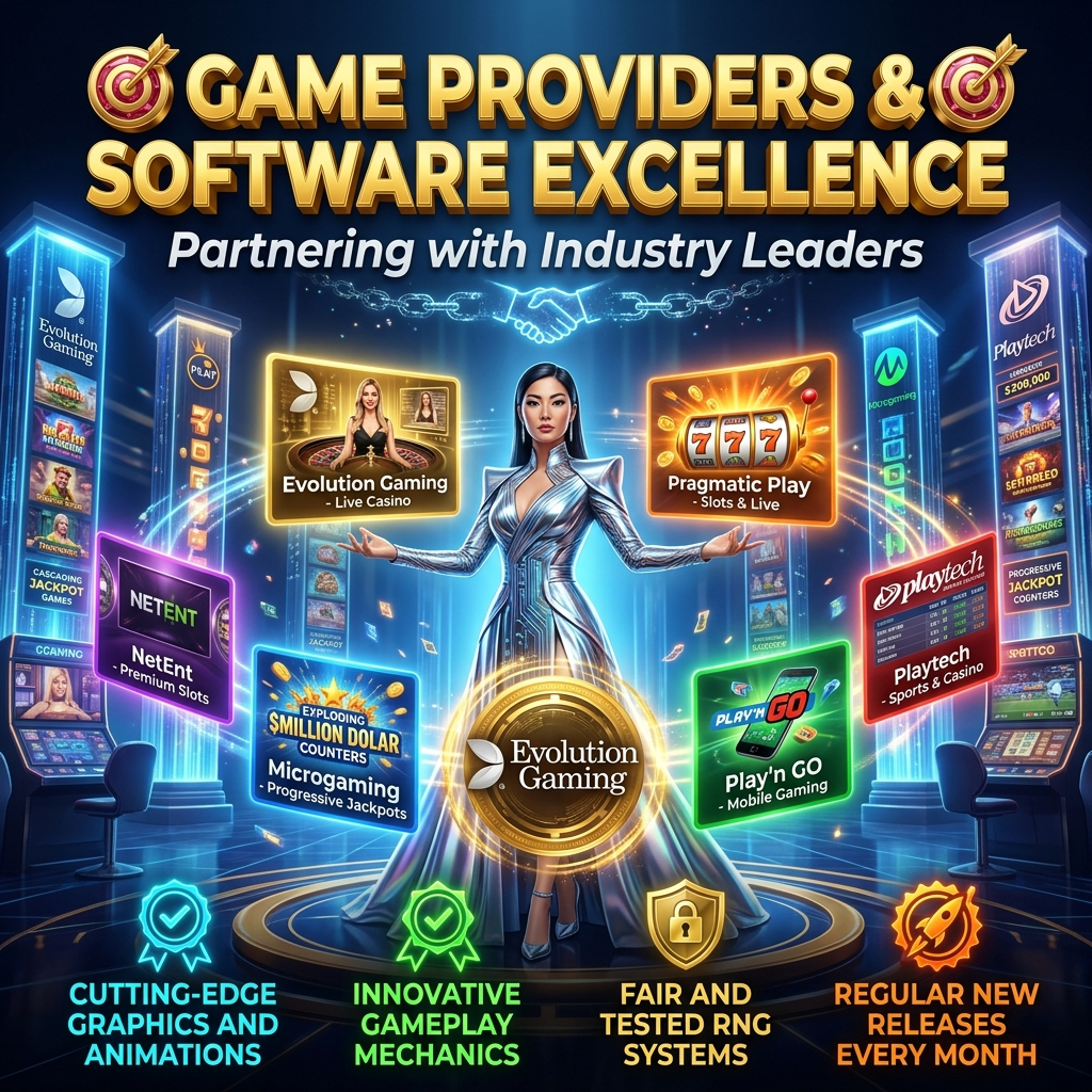 an Asian female tech visionary in a fantasy casino software summit, showcasing Evolution Gaming Singapore's partnerships with top providers including Evolution Gaming, Pragmatic Play, NetEnt, Microgaming, Play'n GO, and Playtech for cutting-edge graphics, innovative gameplay, fair RNG, and monthly new releases.