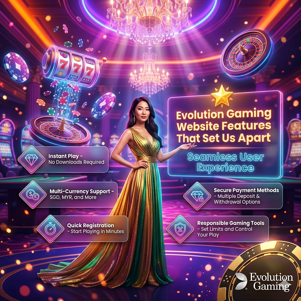 A vibrant 1:1 promotional image featuring an elegant Asian female presenter in a fantasy casino setting, highlighting Evolution Gaming's premium website features including instant play, multi-currency support, quick registration, secure payments, and responsible gaming tools, designed to capture attention and drive engagement for online casino platforms.
