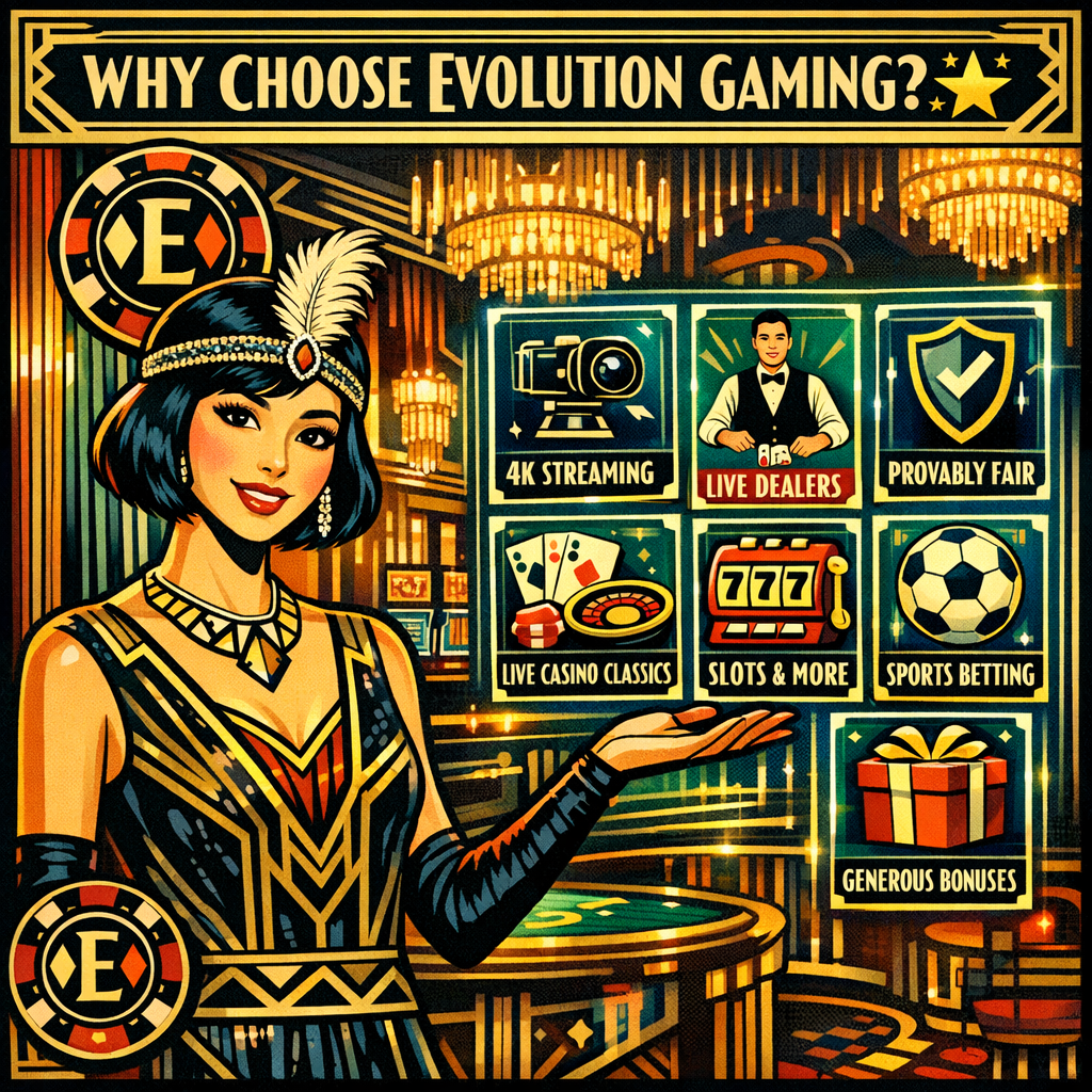 A glamorous 1:1 art deco image showcasing the reasons to choose Evolution Gaming. The image features a sophisticated Asian female presenter in a vintage-inspired casino lounge, highlighting key benefits like 4K streaming, professional live dealers, provably fair algorithms, and generous bonuses. The text “Why Choose Evolution Gaming? 🌟” is prominently displayed, aiming to attract users seeking a premium online casino experience. The image includes the Evolution Gaming logo and a brand logo with a casino theme, designed to convey elegance and reliability.

