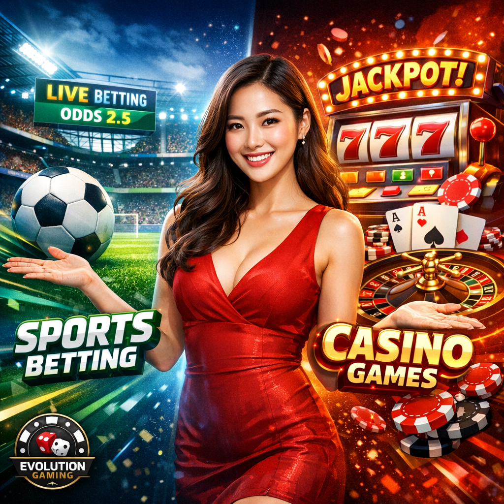 A dynamic 1:1 image showcasing the comprehensive online betting experience offered by Evolution Gaming. The image features a confident Asian female presenter highlighting sports betting (football) and casino games (slots, roulette). The text emphasizes Premier League, Champions League, and live in-play betting options. The image includes the Evolution Gaming logo and a brand logo with a casino theme, designed to convey a wide range of betting opportunities.

