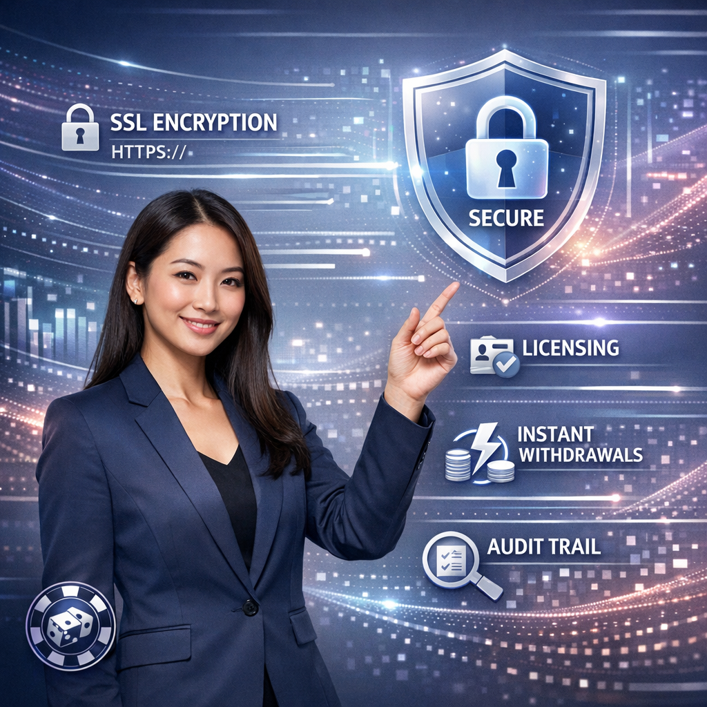 A secure 1:1 image showcasing the robust security measures implemented by Evolution Gaming. The image features a confident Asian female presenter highlighting SSL encryption, licensing, instant withdrawals, and audit trails. The text emphasizes trust and security in the online casino environment. The image includes the Evolution Gaming logo and a brand logo with a casino theme, designed to convey reliability and data protection.


