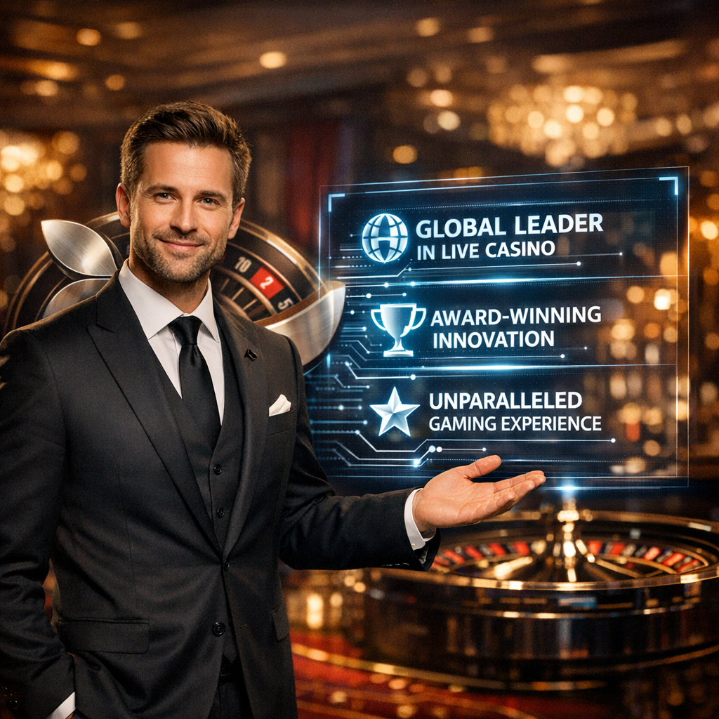 A visually compelling 1:1 image showcasing Evolution Gaming, the global leader in live casino gaming. The image features a confident presenter highlighting key statistics and awards displayed on a holographic screen, set against a luxurious casino backdrop. The sophisticated color palette and subtle casino elements convey prestige, innovation, and trustworthiness, designed to attract attention and communicate Evolution Gamingโs industry dominance.