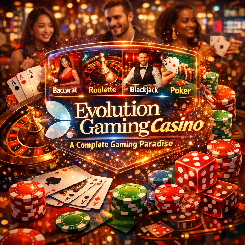 A dynamic 1:1 image showcasing the diverse gaming offerings of Evolution Gaming Casino. The image features a vibrant arrangement of casino game elements, including cards, roulette wheels, and poker chips, overlaid with the Evolution Gaming logo and a holographic display highlighting Baccarat, Roulette, Blackjack, and Poker. The image conveys excitement, variety, and accessibility, designed to attract players to a comprehensive online casino experience.