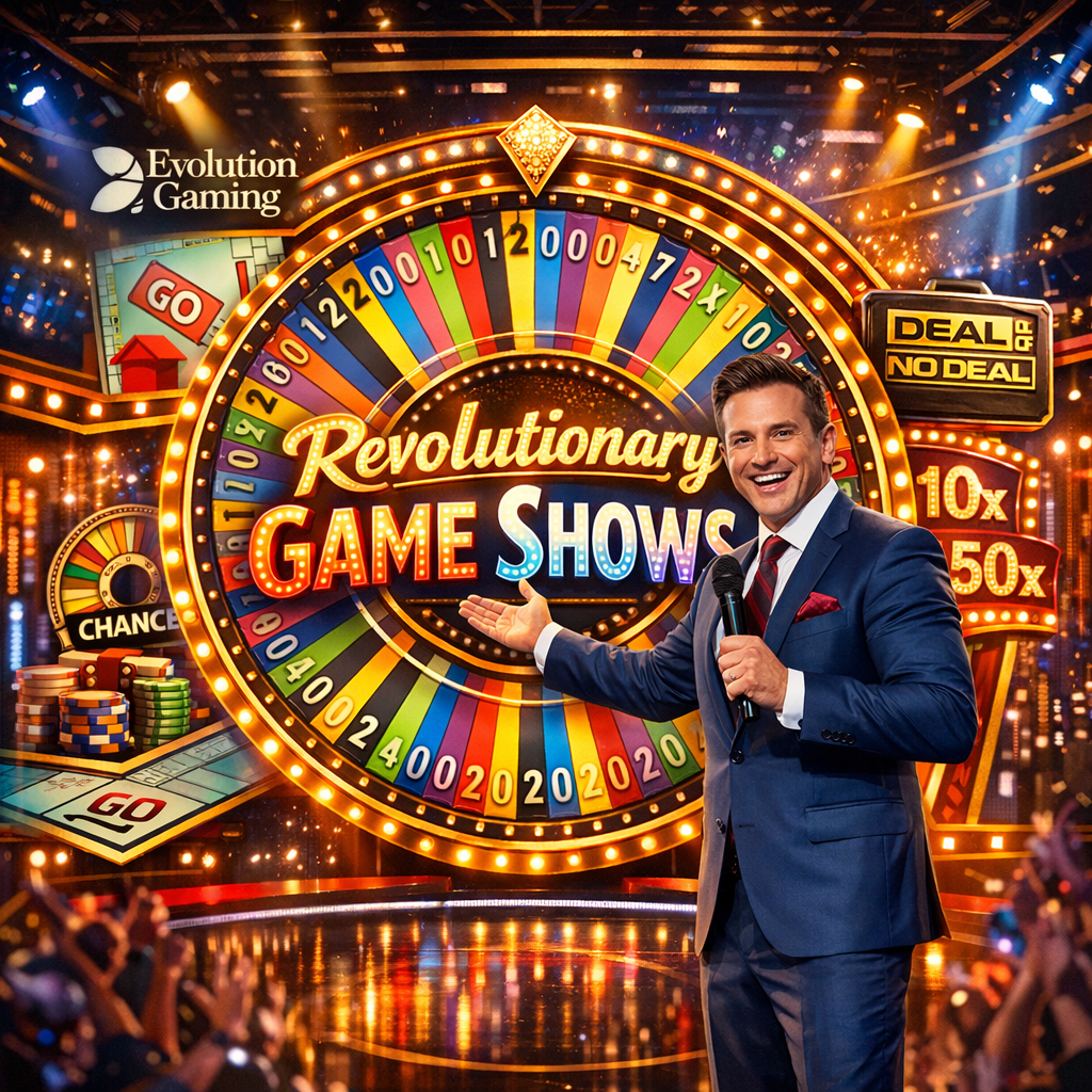 A vibrant 1:1 image showcasing Evolution Gamingโs revolutionary game shows, featuring a large game wheel and stylized representations of Crazy Time, Monopoly Live, Dream Catcher, and Deal or No Deal. A charismatic host gestures towards the wheel, conveying excitement and entertainment. The image highlights the innovative and engaging game show experiences offered by Evolution Gaming, designed to attract players seeking high-stakes fun.