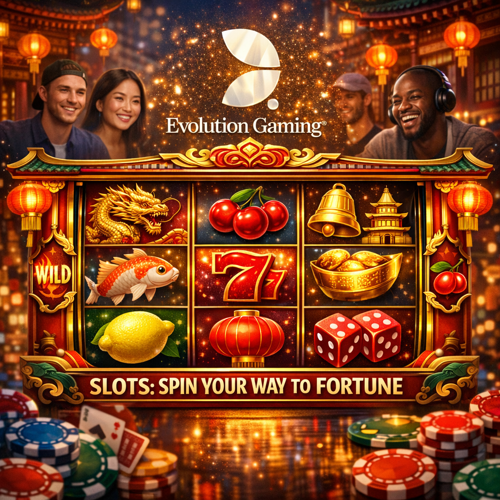 A visually captivating 1:1 image showcasing Evolution Gamingโs diverse slot collection, blending a digital slot machine interface with a traditional Asian temple aesthetic. The image features vibrant symbols, glowing lanterns, and a subtle Evolution Gaming logo, conveying excitement, opportunity, and cultural richness. The image is designed to attract players seeking engaging and rewarding slot experiences.